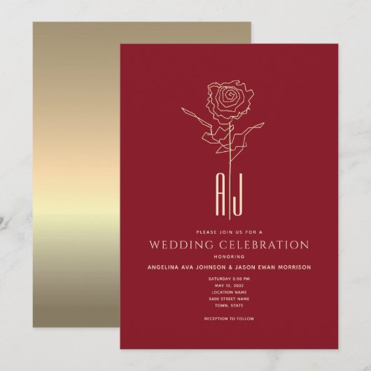 モノグラム レッド&ゴールド 結婚式 招待状 (正面/裏面)