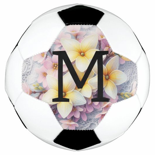 モノグラム レース ピンクと黄色の春の花 サッカーボール (正面)