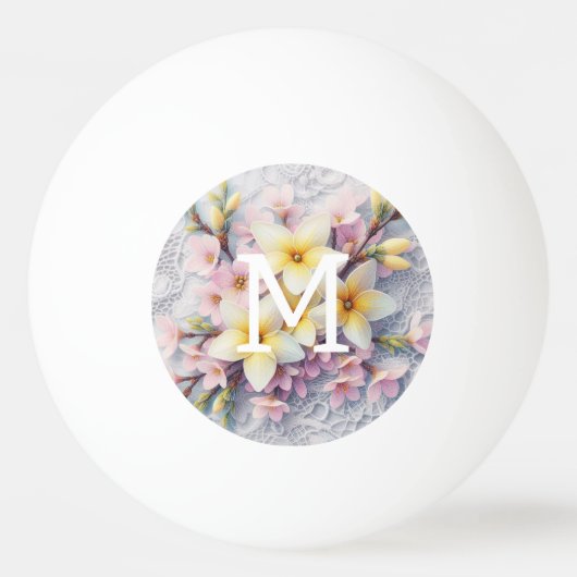 モノグラム レース ピンクと黄色の春の花 卓球ボール (正面)