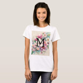 モノグラム レース ピンク パープル マグノリア 花 Tシャツ (正面フル)