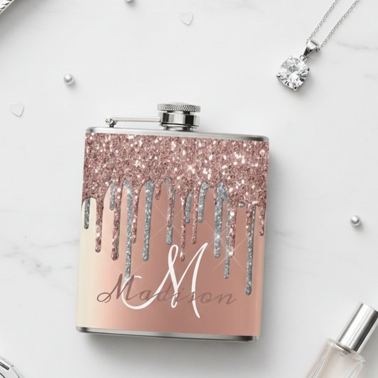 モノグラム ローズゴールド グリッター ドリップス ガーリー スパークル フラ フラスク