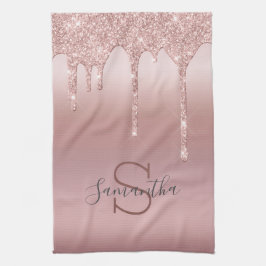 モノグラム ローズゴールド グリッター ドリップ ブラッシュ ピンク トレンディ キッチンタオル
