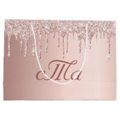 モノグラム ローズゴールド グリッター ピンク 豪華な結婚式 ラージペーパーバッグ (裏面)
