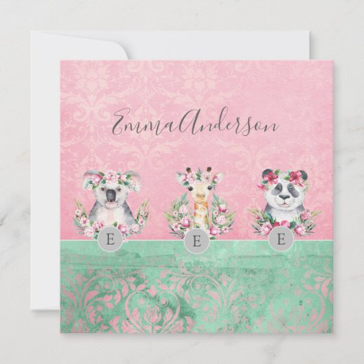 モノグラム ワイルドライフ ガールズ ボヘミア ジャングル 動物 かわいい 招待状 (正面)