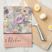 モノグラム ヴィンテージ ピーチ パープル フラワー シャビー シック キッチンタオル (四つ折り)