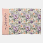 モノグラム ヴィンテージ ピーチ パープル フラワー シャビー シック キッチンタオル (横)