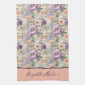 モノグラム ヴィンテージ ピーチ パープル フラワー シャビー シック キッチンタオル (縦)