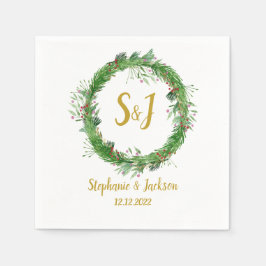 モノグラム | 冬のグリーンリース ウェディング スタンダードカクテルナプキン