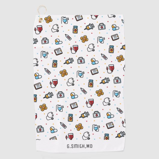 モノグラム.医療パターン。医師とナース ゴルフタオル (正面)
