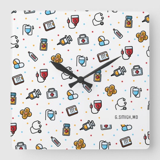 モノグラム.医療パターン。医師とナース スクエア壁時計 (正面)