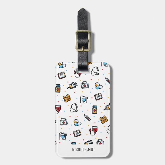 モノグラム.医療パターン。医師とナース ラゲッジタグ (正面縦)