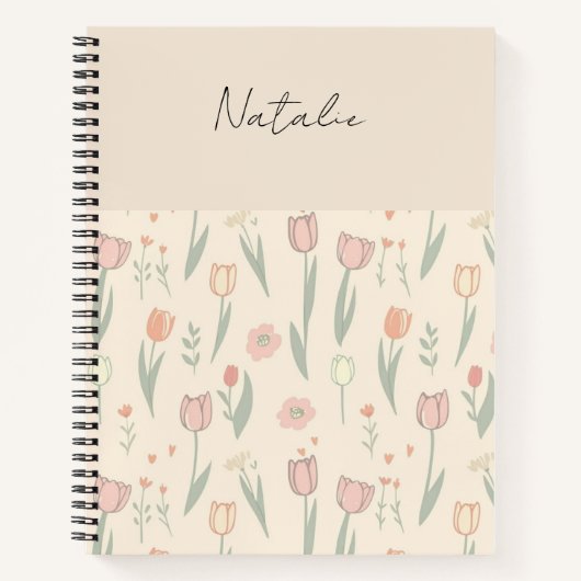 モノグラム 可愛い女の子のチューリップ ピンクの背景 スクリプト ノートブック (正面)