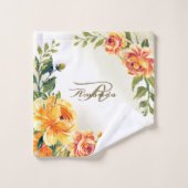 モノグラム 名前 オレンジ イエロー フラワー グリーン モダン バスタオルセット (ウォッシュタオル)