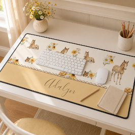 モノグラム 名前 オレンジ 馬 ワイルドフラワーパターン  デスクマット