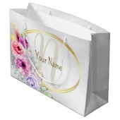 モノグラム 名前 カラフル ピンク フラワー ゴールド フレーム ラージペーパーバッグ (裏面アングル)