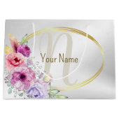 モノグラム 名前 カラフル ピンク 花柄 ゴールド フレーム ラージペーパーバッグ (正面)