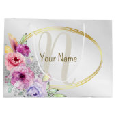 モノグラム 名前 カラフル ピンク 花柄 ゴールド フレーム ラージペーパーバッグ (裏面)