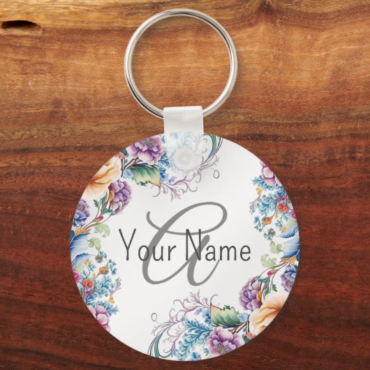 モノグラム 名前 カラフル フラワー フレーム エレガント モダン キーホルダー (裏面)