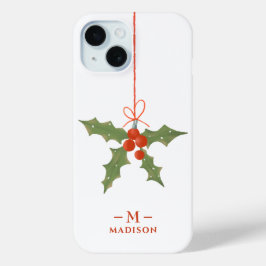 モノグラム 名前 クリスマス ヒイラギ 冬の花 iPhone 15ケース