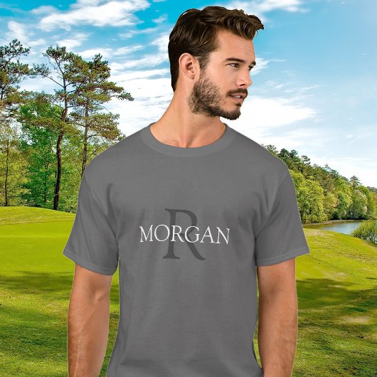 モノグラム&名前，トレンディーデザイングレーホワイト文字 Tシャツ