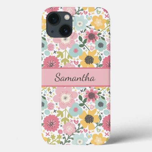 モノグラム 名前 ピンク 黄色 青 花柄 Case-Mate iPhoneケース (裏面)
