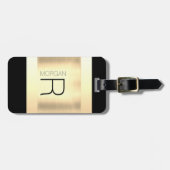 モノグラム&名前、ブラック&グレー文字、ブラシ付き金ゴールド ラゲッジタグ (正面横)