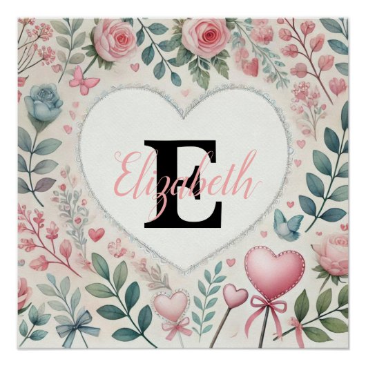 モノグラム 名前 ヴィンテージ ハート フラワー ウォーターカラー ポスター (正面)