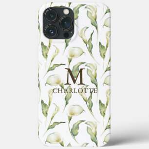モノグラム 名前 水彩 花 エレガント 白いユリ iPhone 13 PRO MAXケース