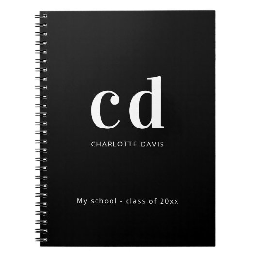 モノグラム 名前 現代 ミニマリスト 黒 白 ノートブック (正面)