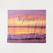 モノグラム 名前 紫 オレンジ 海の波 夕焼け タペストリー (正面(横))