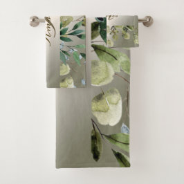 モノグラム 名前 緑の葉 ゴールド ブロンズ エレガント バスタオルセット