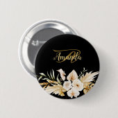 モノグラム 名前 花柄 ゴールド ブラック エレガント モダン 缶バッジ (正面&裏面)