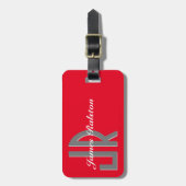 モノグラム/名前、赤、グレー、および白のパーソナライズ ラゲッジタグ (正面縦)