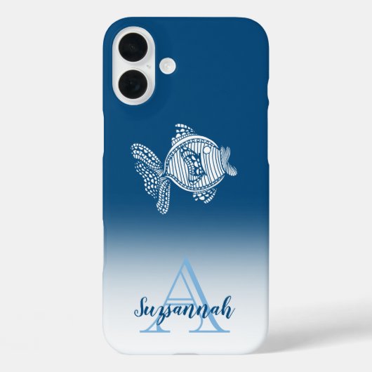 モノグラム 名前 青グラデーション 白い魚の輪郭 Case-Mate iPhoneケース (裏面)
