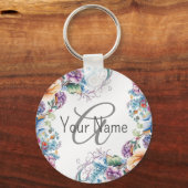 モノグラム 名 色とりどりの花のフレーム エレガント モダン キーホルダー (正面)