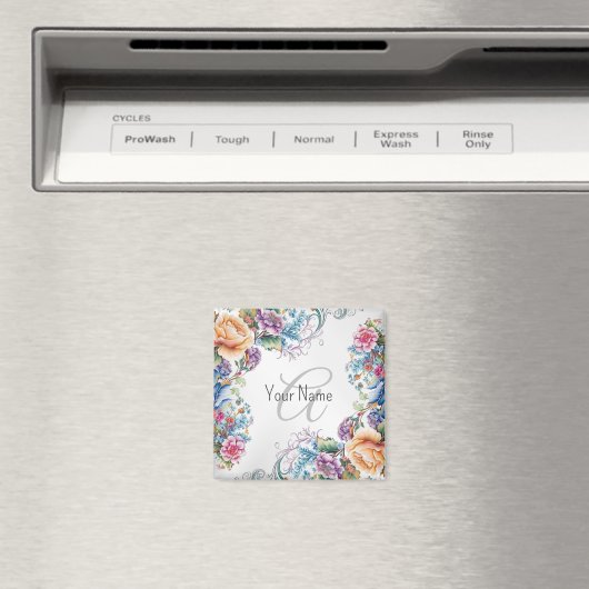 モノグラム 名 色とりどりの花枠 エレガント モダン マグネット (インサイチュ (食洗機))