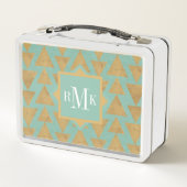 モノグラム|屋外のGeoのステップ|金ゴールド及びティール(緑がかった色)パターン メタルランチボックス (裏面)