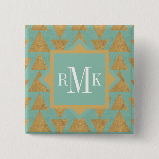 モノグラム|屋外のGeoのステップ|金ゴールド及びティール(緑がかった色)パターン 缶バッジ (正面)