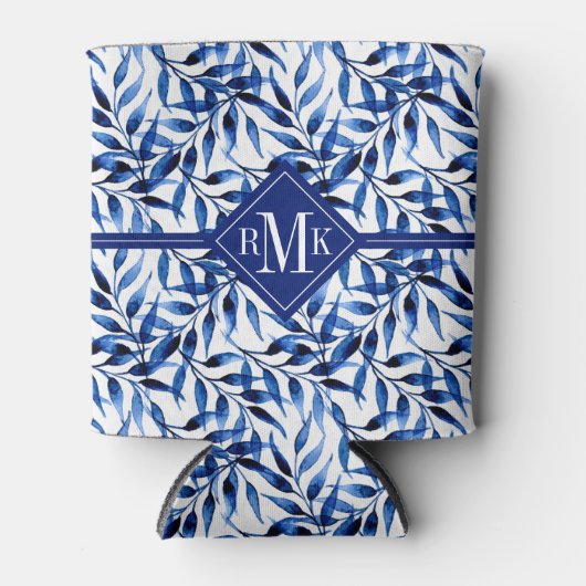 モノグラム |手の絵を描水色のインクパターン 缶クーラー (正面)