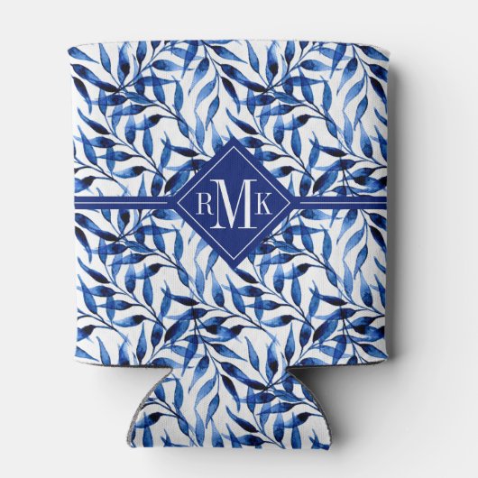 モノグラム |手の絵を描水色のインクパターン 缶クーラー (裏面)