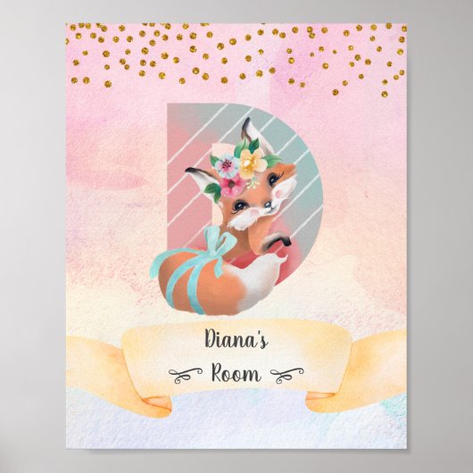 モノグラム 文字 D 赤ちゃんキツネの女の子 ピンクのベビー部屋 装飾 ポスター (正面)