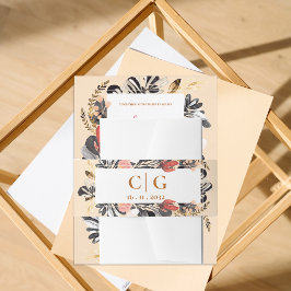 モノグラム&日付赤面とブラックフローラ結婚ズ 招待状ベリーバンド