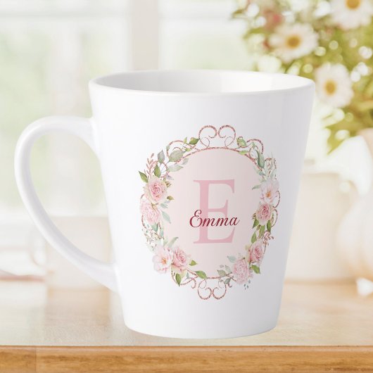モノグラム 水彩画 ピンクのバラの花 フラワー カフェラテマグ