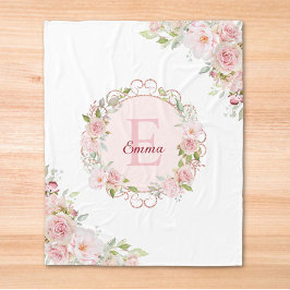 モノグラム 水彩画 ピンクのバラの花 フローラル フリースブランケット