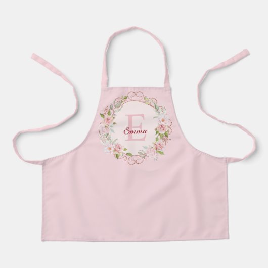 モノグラム 水彩画 ピンクバラ 花 フラワー エプロン (正面)