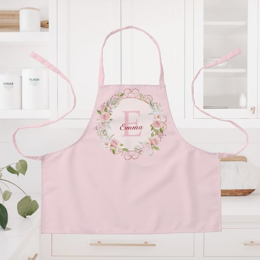モノグラム 水彩画 ピンクバラ 花 フラワー エプロン