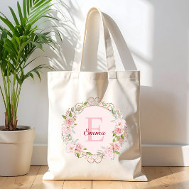 モノグラム 水彩画 ピンクバラ 花 フラワー トートバッグ