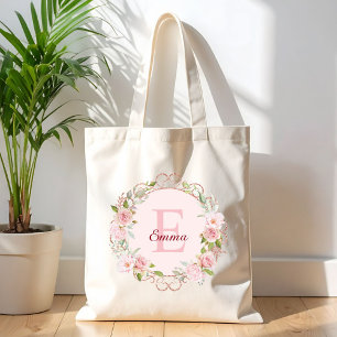 モノグラム 水彩画 ピンクバラ 花 フラワー トートバッグ