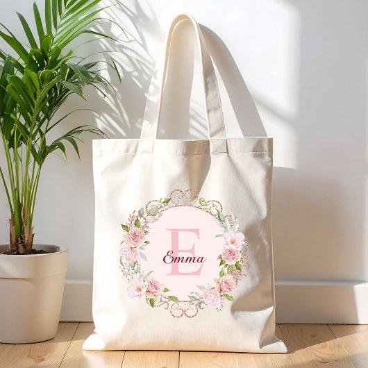 モノグラム 水彩画 ピンクバラ 花 フラワー トートバッグ