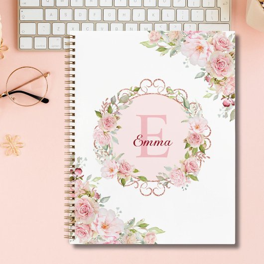 モノグラム 水彩画 ピンクバラ 花 フローラル プランナー手帳